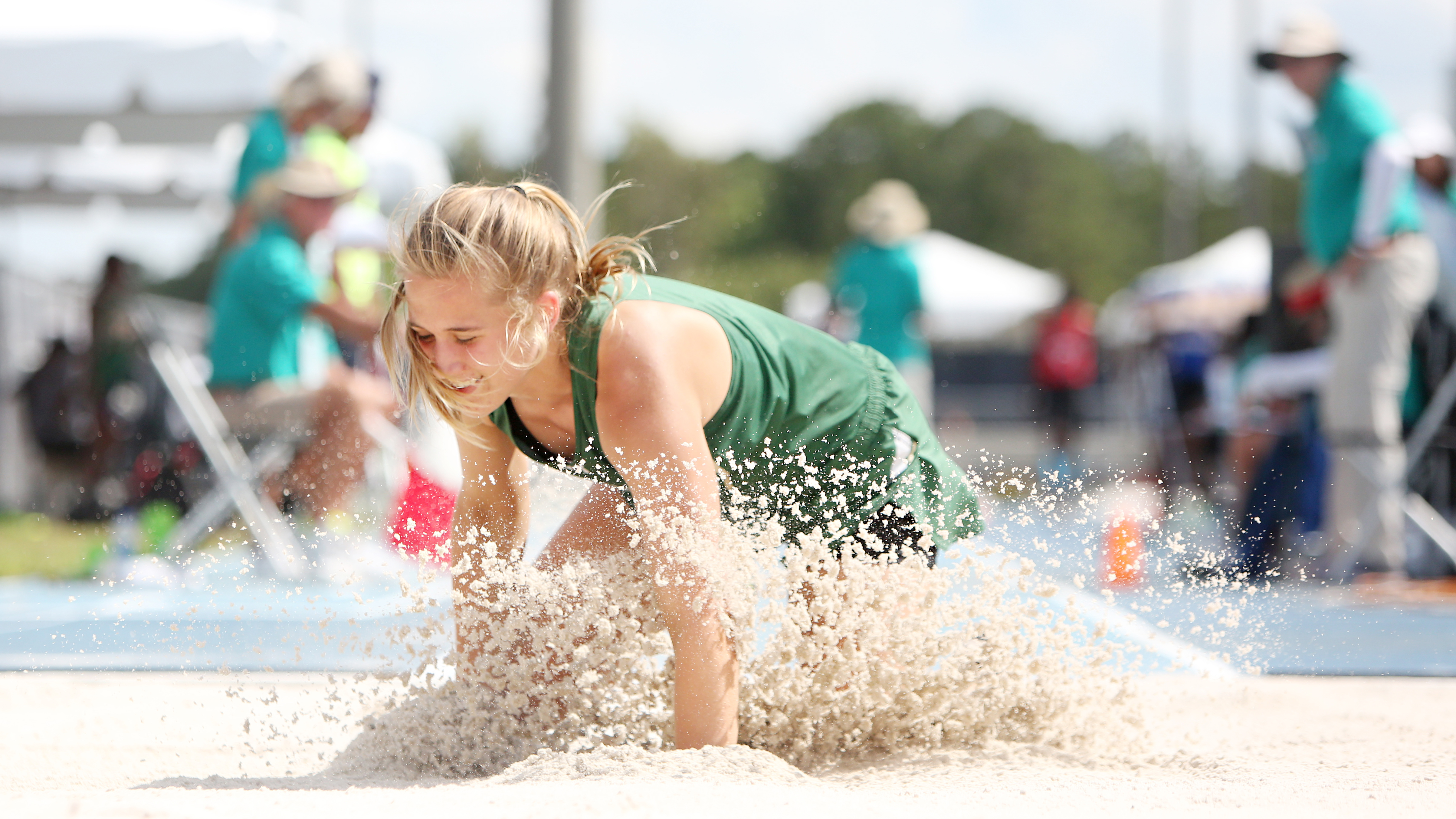 Keswick Christian senior Abigail Leuthold knows she hits a good one the moment she hits the sand. Good enough, in fact, to place second in the Class A triple jump. (SCOTT PURKS | Special to the Times) Keswick Christian senior Abigail Leuthold knows she hits a good one the moment she hits the sand. Good enough, in fact, to place second in the Class A triple jump. (SCOTT PURKS | Special to the Times)