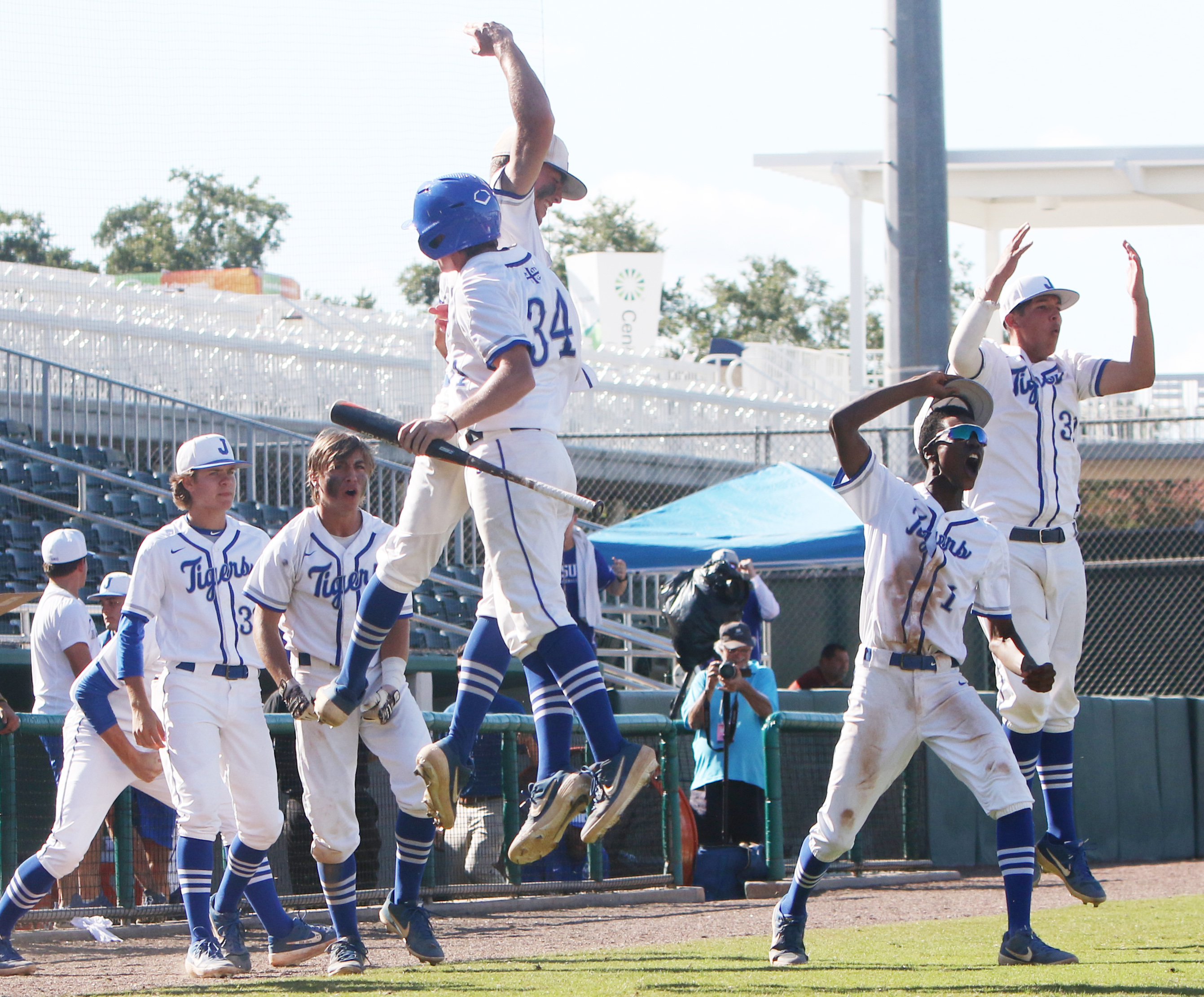 Jesuit sophomore Nick Rodriguez, No. 34, gets huge elevation after scoring the early go-ahead run during a 4-3 victory over Dunedin. (SCOTT PURKS | Special to the Times) Jesuit sophomore Nick Rodriguez, No. 34, gets huge elevation after scoring the early go-ahead run during a 4-3 victory over Dunedin. (SCOTT PURKS | Special to the Times)