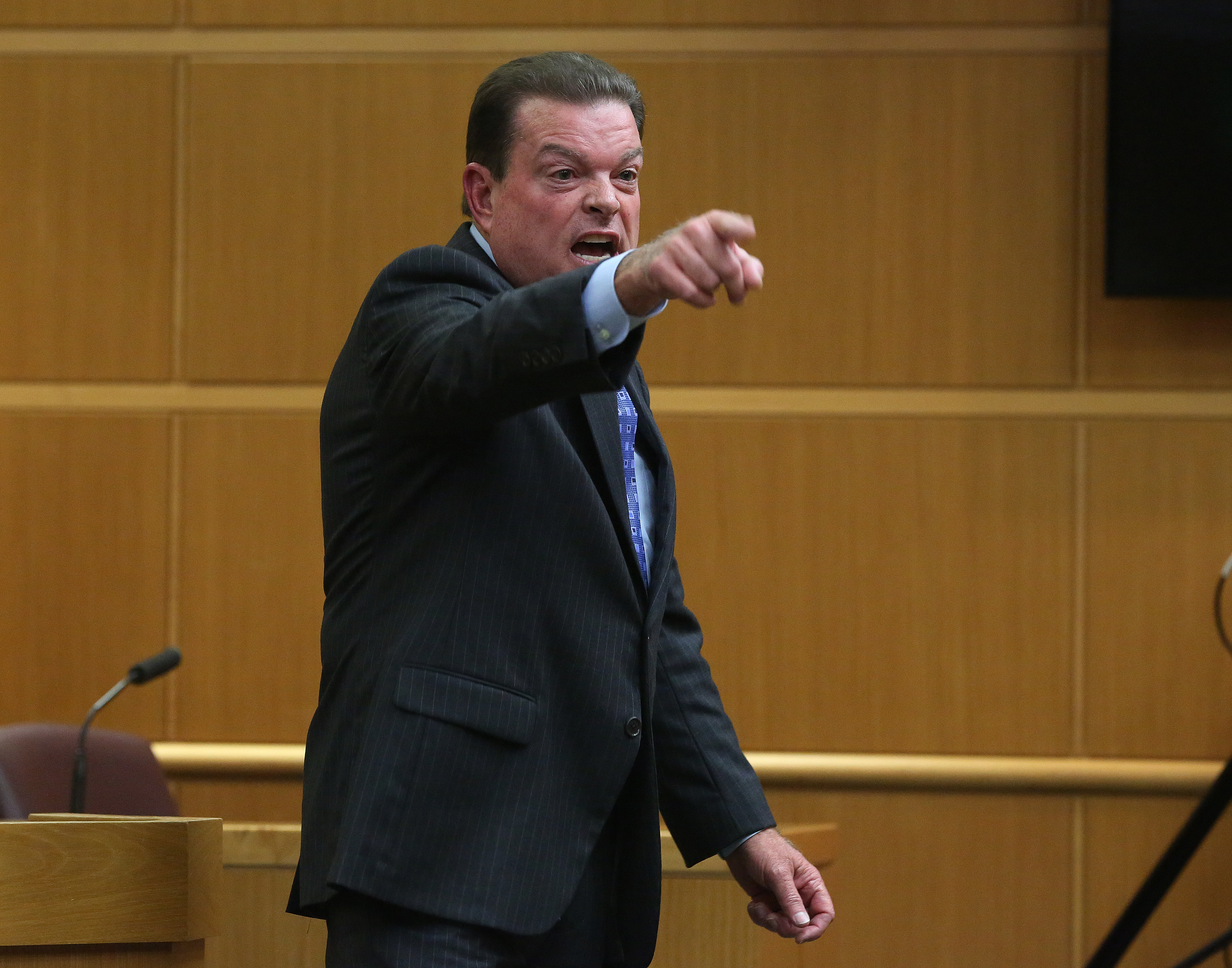 Pinellas Pasco Assistant State Attorney Fred Schaub addresses the jury and points at defendant Michael Drejka on Friday during closing arguments in the Drejka manslaughter trial in Pinellas County. SCOTT KEELER | Times Pinellas Pasco Assistant State Attorney Fred Schaub addresses the jury and points at defendant Michael Drejka on Friday during closing arguments in the Drejka manslaughter trial in Pinellas County. SCOTT KEELER | Times