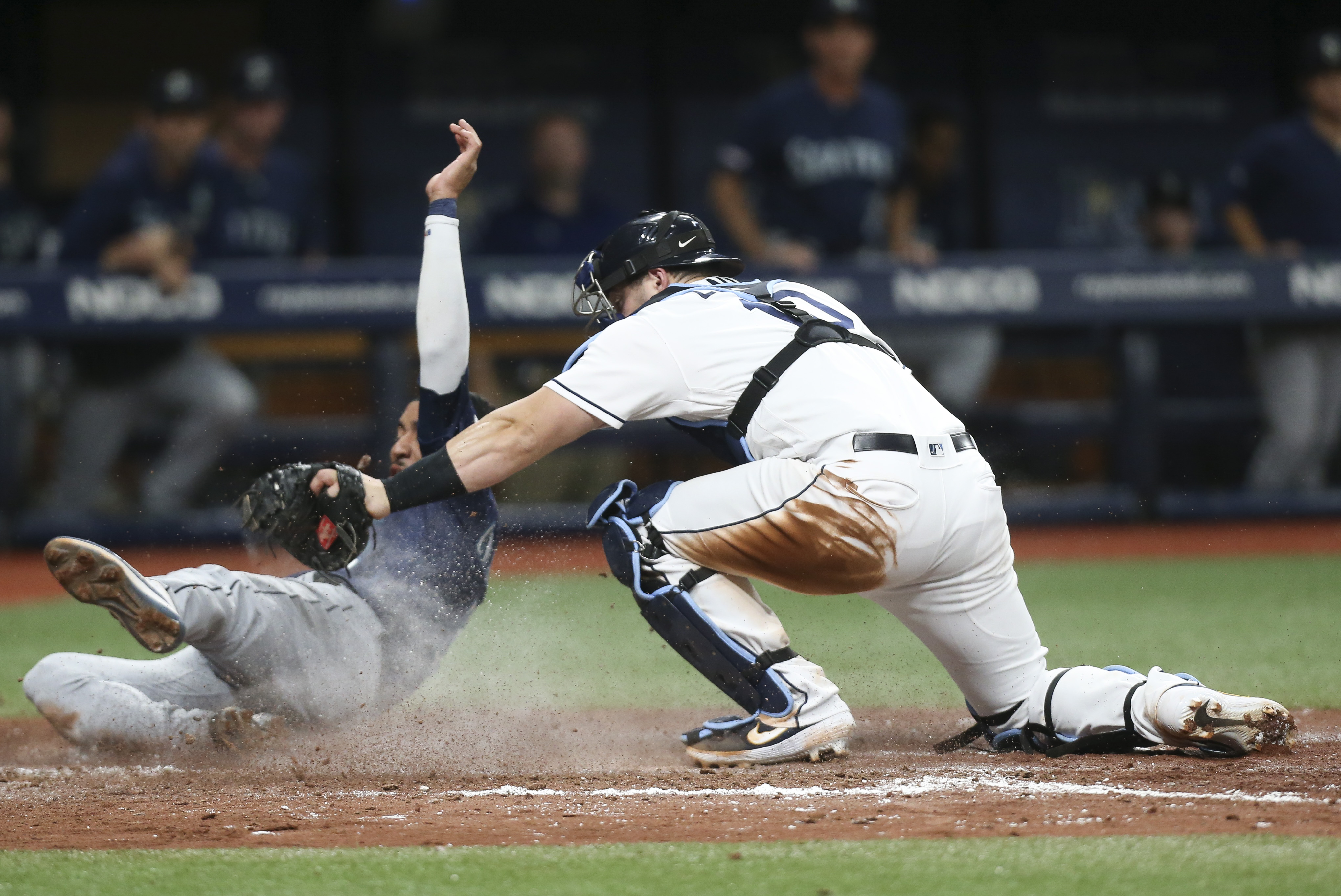 Rays catcher Mike Zunino (10) tags out Seattle's J.P. Crawford (3) as he tries to score on a double by Austin Nola (23) in the fifth inning Tuesday at Tropicana Field. DIRK SHADD | Tampa Bay Times Rays catcher Mike Zunino (10) tags out Seattle's J.P. Crawford (3) as he tries to score on a double by Austin Nola (23) in the fifth inning Tuesday at Tropicana Field. DIRK SHADD | Tampa Bay Times