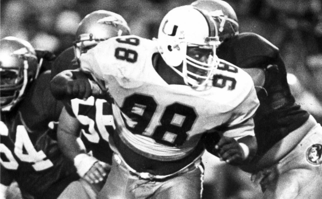 Miami's Jerome Brown playing against Florida State in 1985. (Times file) Miami's Jerome Brown playing against Florida State in 1985. (Times file)