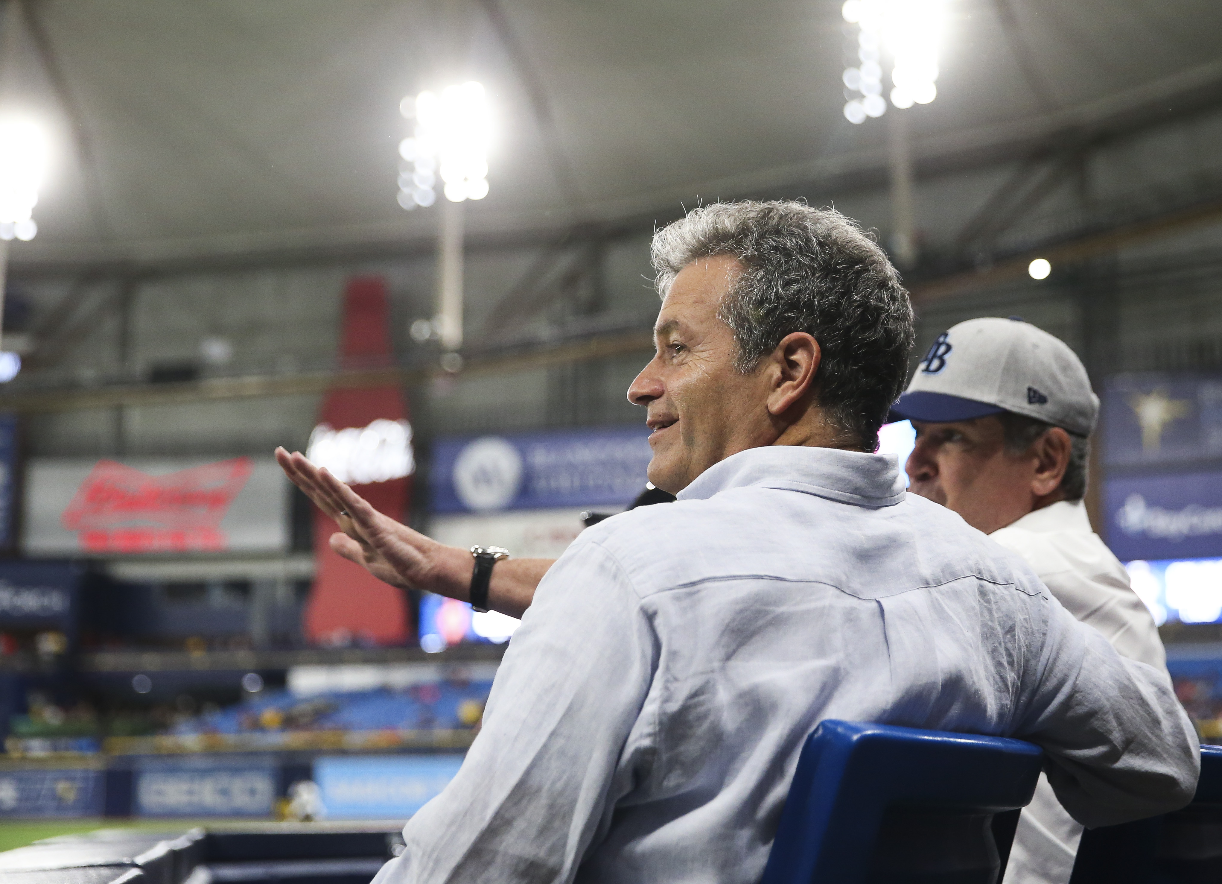 Rays owner Stuart Sternberg, left, sits in the stands and talks with season-ticket holder David Rosenbach of Tampa during the Rays game Monday against the Red Sox at Tropicana Field. DIRK SHADD | Times Rays owner Stuart Sternberg, left, sits in the stands and talks with season-ticket holder David Rosenbach of Tampa during the Rays game Monday against the Red Sox at Tropicana Field. DIRK SHADD | Times