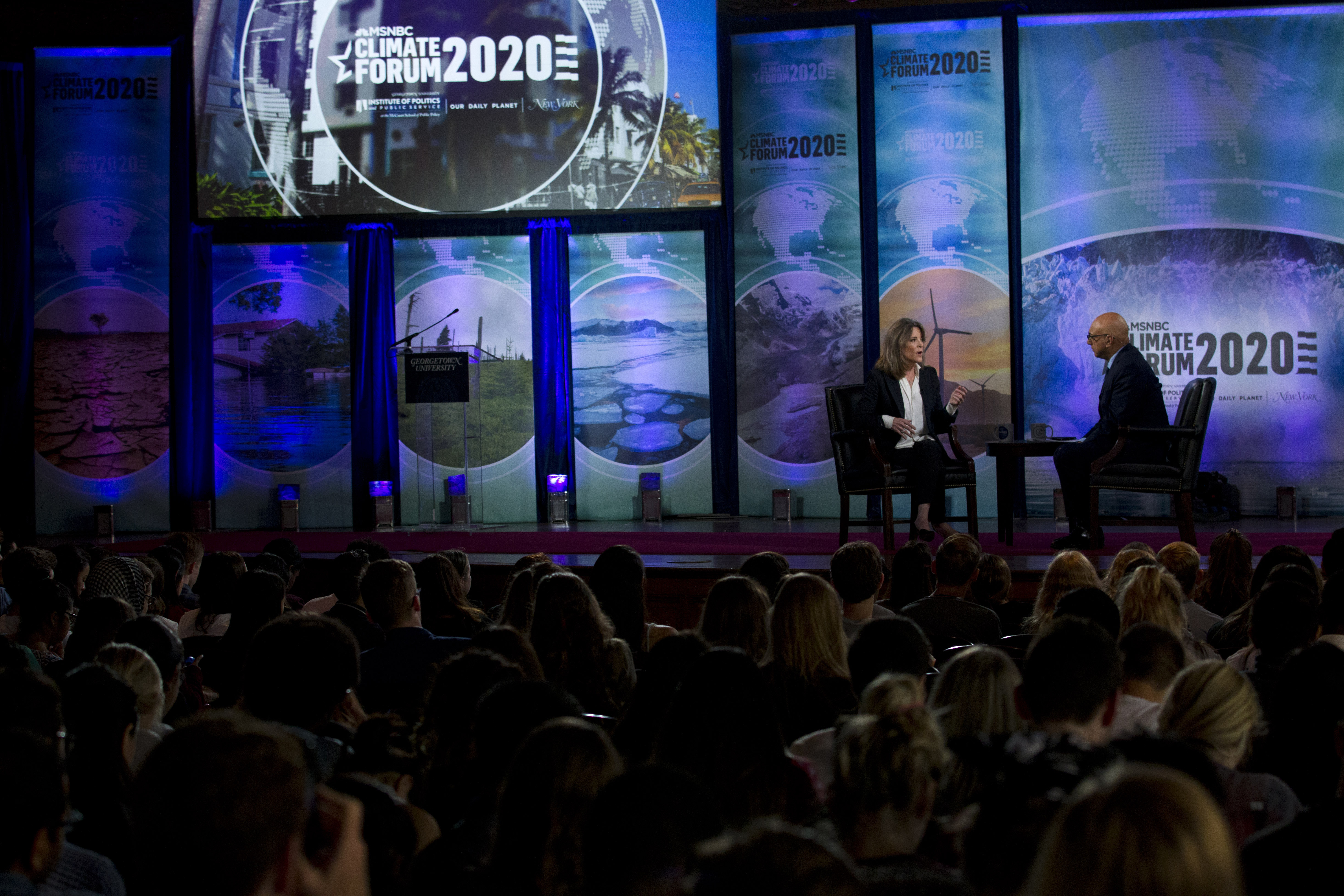 Democratic presidential candidate author Marianne Williamson, accompanied by moderator Ali Velshi, right, speaks during the Climate Forum at Georgetown University, Thursday, Sept. 19, 2019, in Washington. (AP Photo/Jose Luis Magana) Jose Luis Magana | AP Democratic presidential candidate author Marianne Williamson, accompanied by moderator Ali Velshi, right, speaks during the Climate Forum at Georgetown University, Thursday, Sept. 19, 2019, in Washington. (AP Photo/Jose Luis Magana) Jose Luis Magana | AP